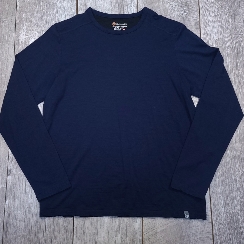 Cloudveil Base Layer Mens Medium Navy Blue 100% Merino Wool Long Sleeve Shirt